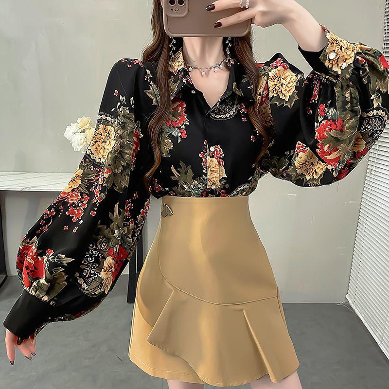 Retro Women's Printed Shirt Slim-fit Lantern Sleeve Floral Shirt Collared Chiffon Shirt Spring
