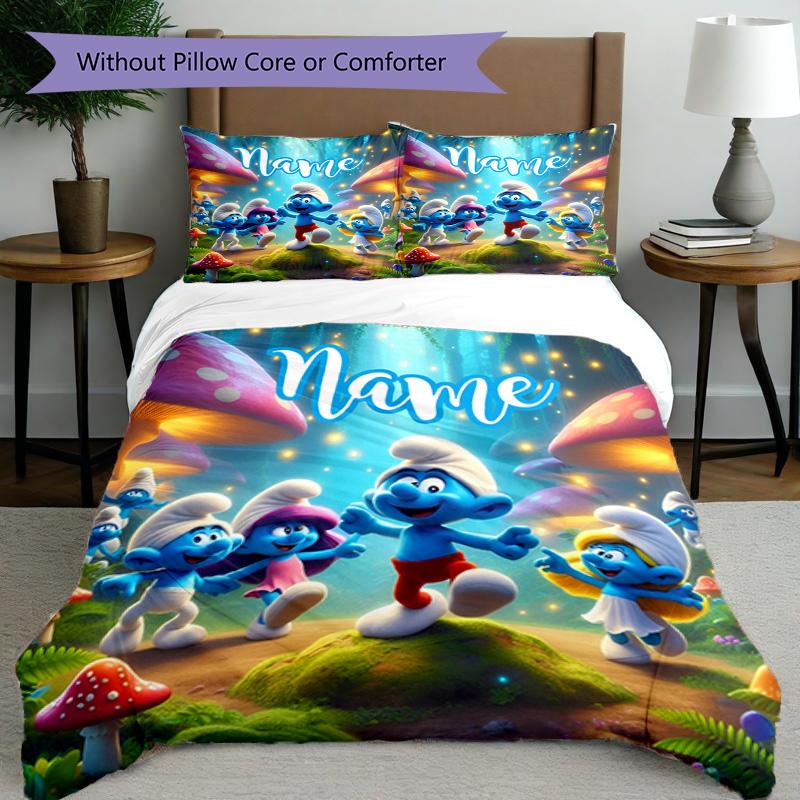 3pcs Duvet Cover Set (1*Duvet Cover + 2*Pillowcase, Without Core), Custom Name Blue Smurfs Pattern Bedding Set, Home Bedroom Decor Gift