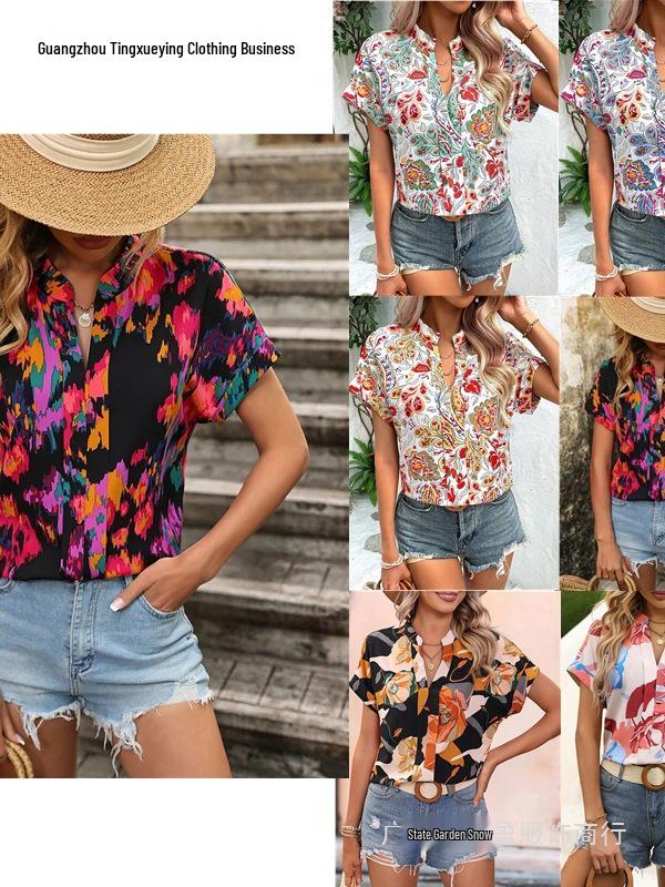 Women's Colorful Floral Print V-Neck Short-Sleeve Top - Summer Fashion