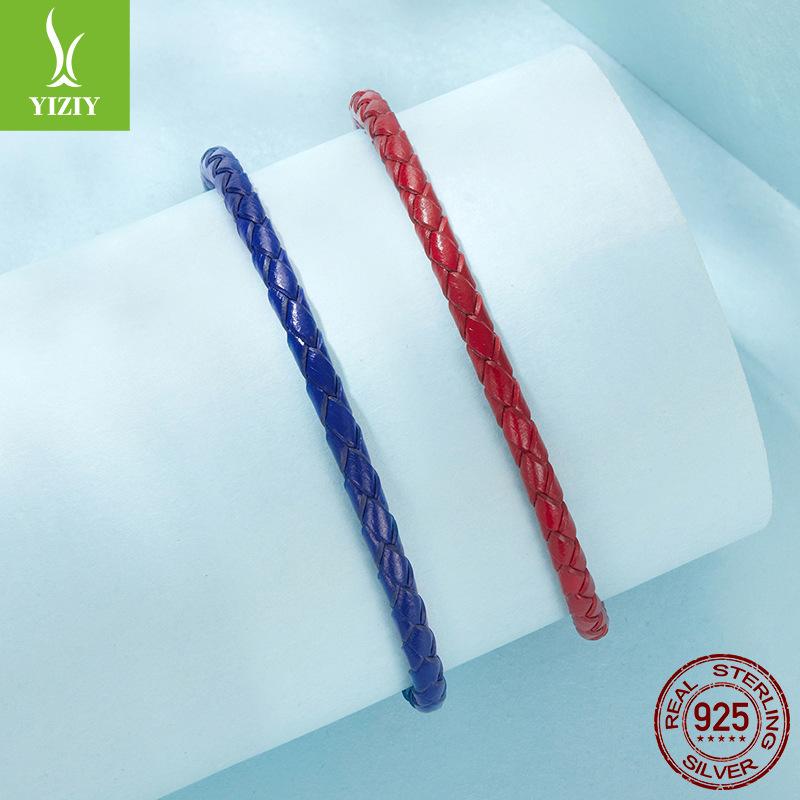 S925 Sterling Silver Roll Grass Pattern Button Head Basic Leather Rope Hand Rope, Retro Classic Leather Diy Bracelet