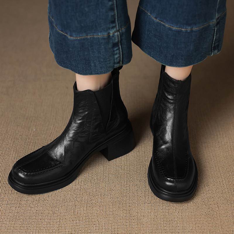 Krazing Pot Sheepskin Round Toe Thick Heels Chelsea Boots Size 42 High Quality Women Keep Warm Ankle Boots