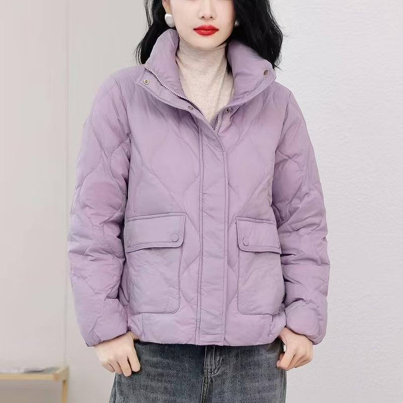 Autumn Winter Light Down Jacket Women's Short Stand Collar Single Breasted Loose Straight White Duck Down Coat Big Pocket Solid Color