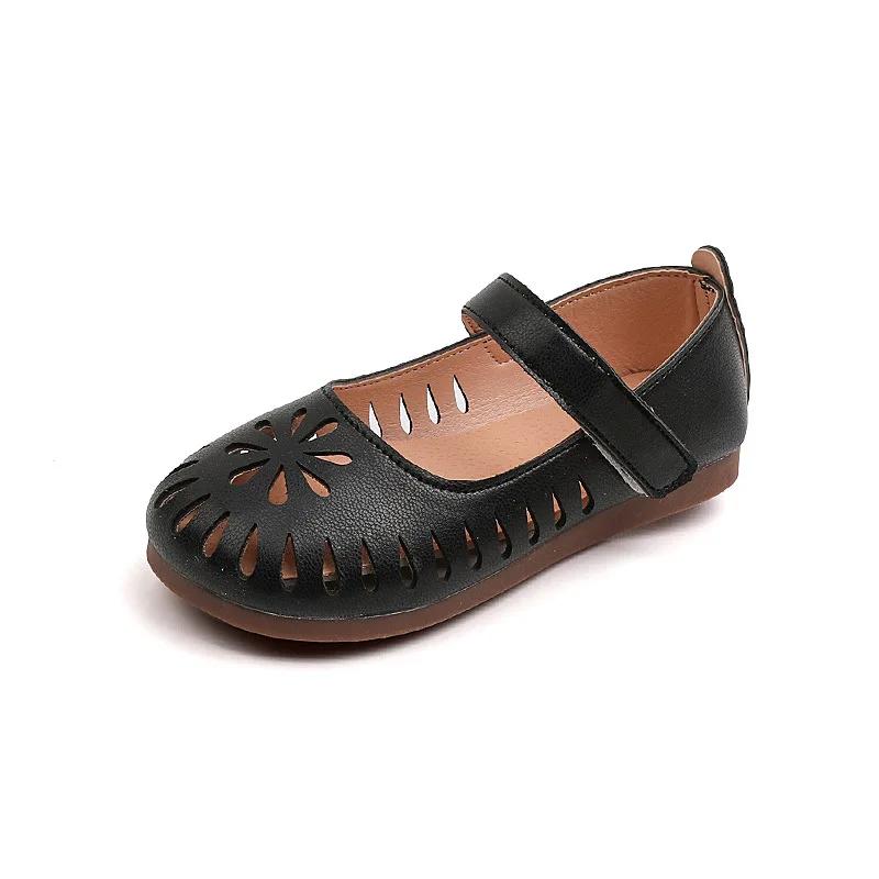 

Summer Soft Leather Girls Sandals Breathable Hollow Out Pretty Girl Flat Sandals Solid Flower Shape Casual Mary Jane Shoe H01207 22 чорний
