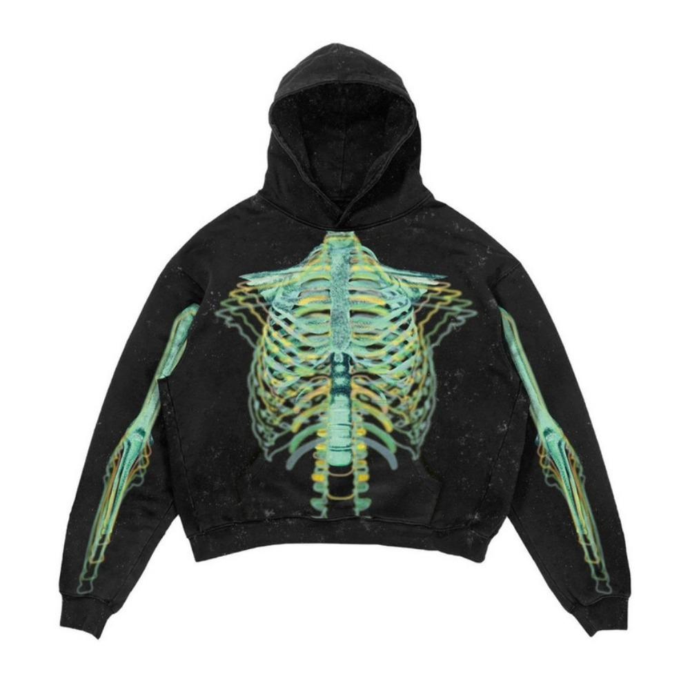 ZYLLO Punk Style Skull Washed Long Sleeve Pullover Hoodie Hip Hop Retro Street Loose Oversized Sweatshirt Harajuku Gothic Top