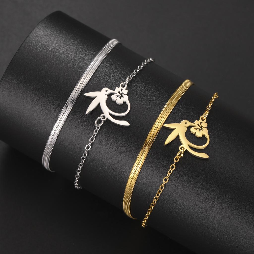 Fashion Hummingbird Honey Collection Bracelet Stainless Steel Double layered Hummingbird Flower Bracelet Animal Jewelry