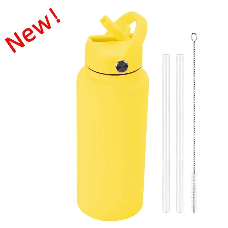 1L Sports WATER BOTTLE With Handle And Straw Stainless Steel Large Capacity Vacuum Flasks Drinkware Large Mouth GymThermos CUP