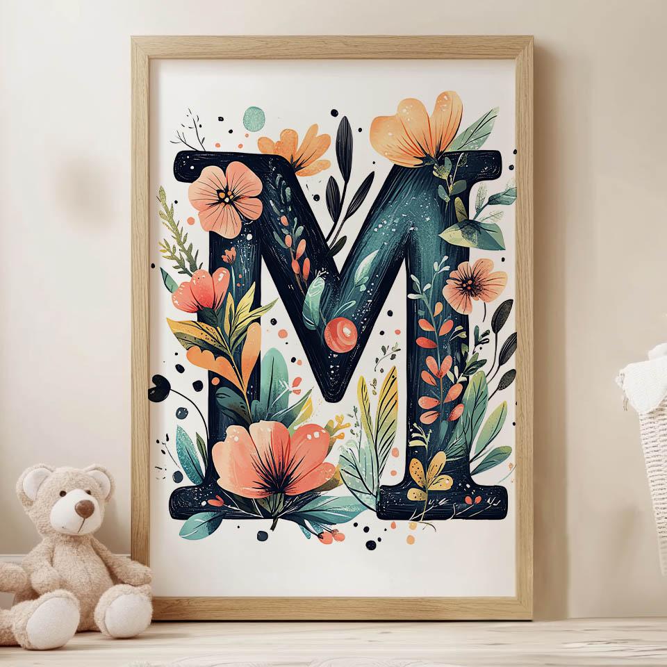 Plakat Z Literą M W Kwiaty I Liście Plakat Z Literą M W Kwiaty I Liście, 30X40 Cm, Bez Ramy, Płótno Premium Na Blejtramie