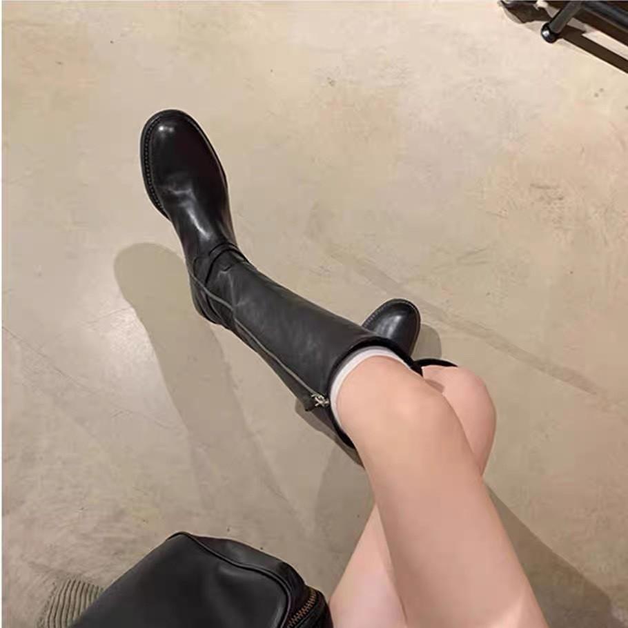 Cowhide~ Grape Mom Same Retro Boots Women's Double Buckle Belt But Knee Boots Side Zipper Thick Heel Knight Boots