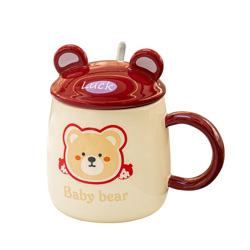 Kubek Misia z Pokrywką i Łyżeczką Uroczy Ceramiczny Kubek do Wody Dziewczęcy Wysoki Wygląd Kreskówkowy Kubek Biurowy dla Pary Użytek Domowy