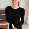 Women's Slim Fit Seamless Wool Base Layer Top - Elegant Ribbed Solid Color