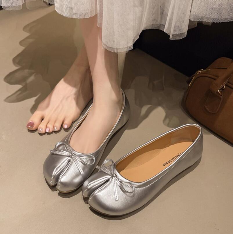 Dames Zachte Leren Tabi Platte Schoenen Met Strik Voorkant Laag Instap Ballerina Loafers Lente Split Teen Schoenen 37