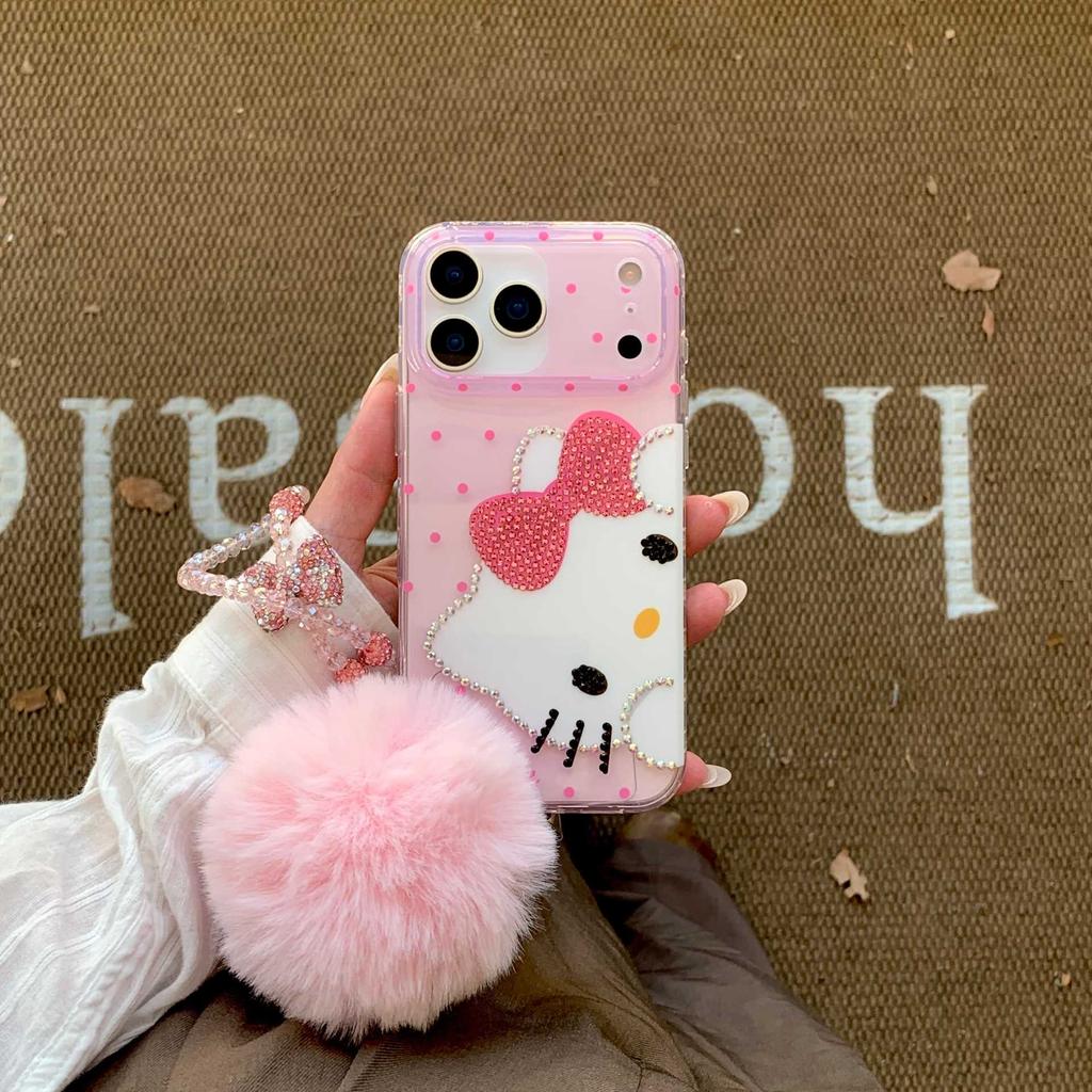 Cute Cartoon Pink Diamond KT Cat Chain Phone Case for iPhone 16/15 Pro Max, Rhinestone Decoration Protective Cover