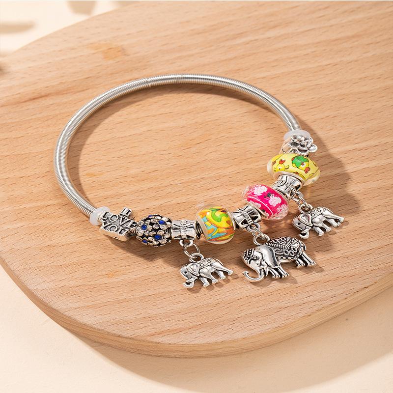 Adjustable Beaded Bracelet with Elephant Pendant Letter Crystal Beads and Floral Charm DIY Jewelry Making Kit