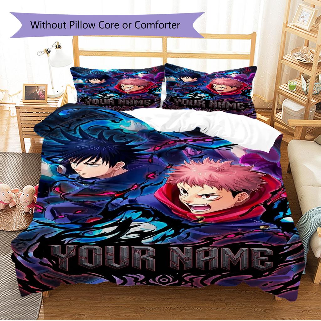 Nombre Personalizado Anime Jujutsu Kaisen Patrón Juego de Ropa de Cama Funda Nórdica Funda de Almohada Decoración del Hogar Regalo (1 * funda nórdica + 2 * fundas de almohada, sin núcleo)