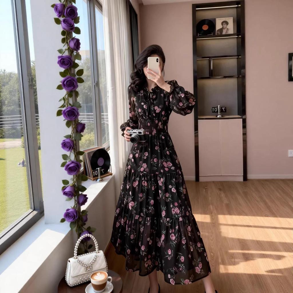 High-Quality Hong Kong Style Floral Ruffled Long Dress - Korean Chic Resort & Sweet Waist-Cinched Skirt