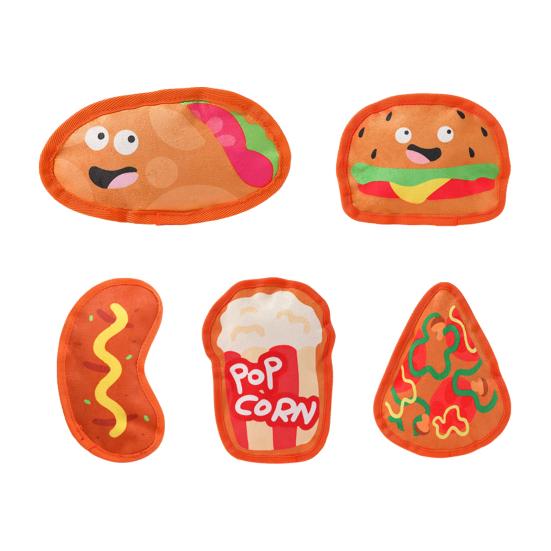 Hamburger Dog Chew Toy with Squeaker Pizza Hot Dog Popcorn Sausage Teething Cleaning Toy Interactive Toy for Small Medium Large