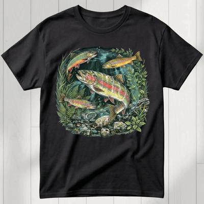 90s River Wildlife T Shirt Rainbow Trout Retro Nature Vintage Washed Homme Versatile Slightly Stretched Soft Breathable