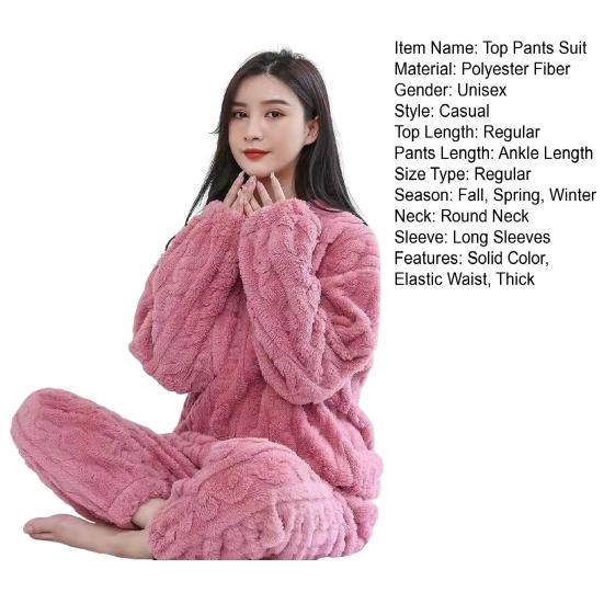 2 Pcs/Set Unisex Winter Pajamas Set Round Neck Solid Color Thickened Coral