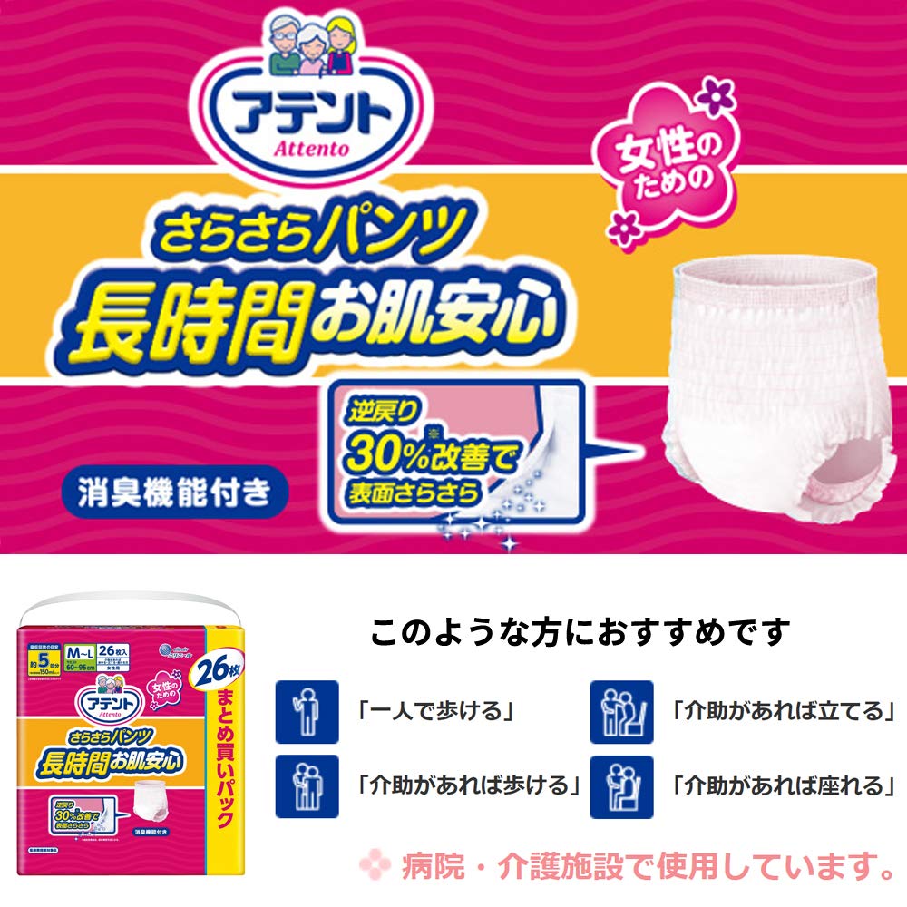 Attends Sizes 26 Keeps Skin Dry and Comfortable those who can walk with Women's Long-Lasting Pants, M-L, 5-Time Absorption, Count, [For assistance]