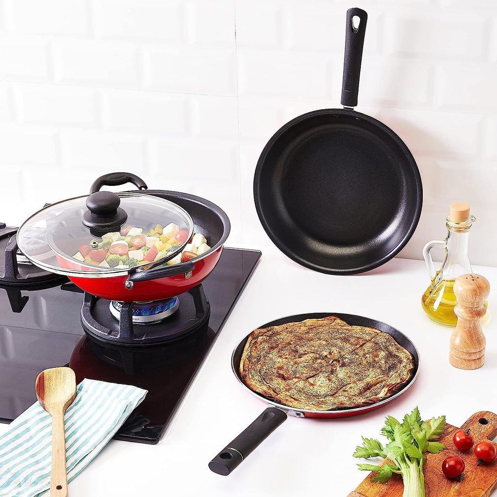 3 Pcs Non Stick Cookware Sets, Tawa 25 Cm, Kadhai 24 Cm with Glass Lid, Fry Pan 24 Cm (Red) Aluminium