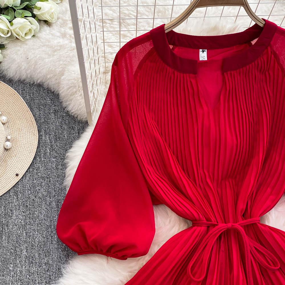 Spring Summer Women Pleated Two Piece Set Elegant V-Neck Draped Chiffon Blouse + High Waist Wide Leg Pants 2Pcs Suit Female New