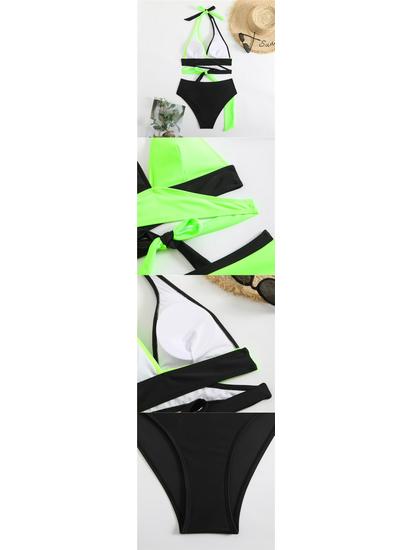 2025 Sexy Color Block Deep V Lace-Up Two-Piece Swimsuit