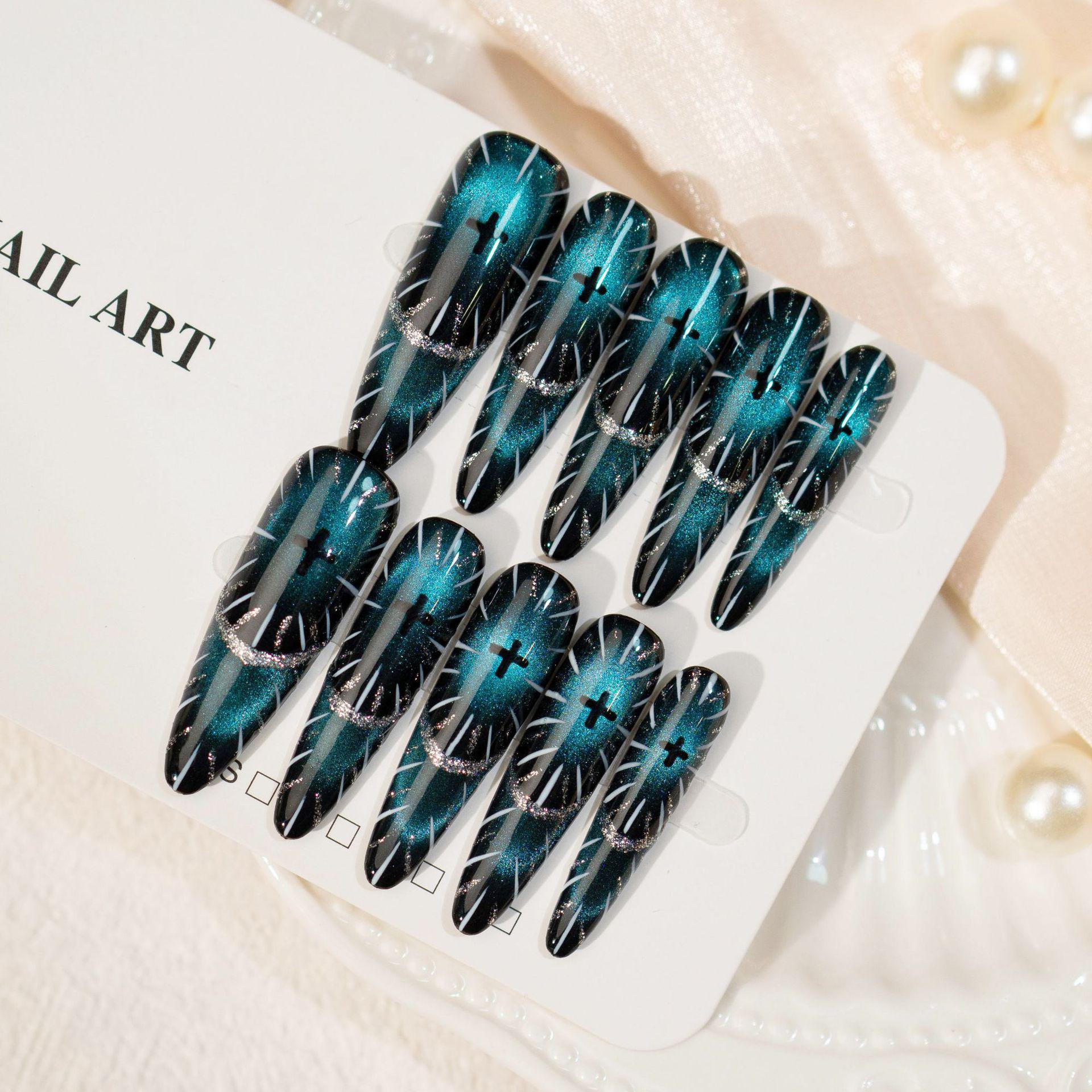 Cat Eye Long Press-On Nails: Spicy Dark Style, Pure Handmade, Brightening Cross Design