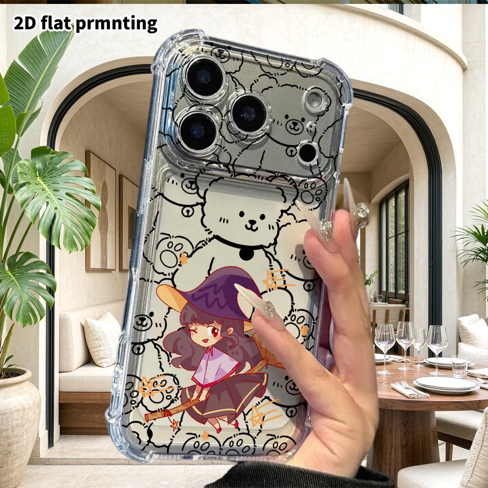 Phone case: 2D flat, suitable for iPhone 18 17 16 15 14 13 Pro, transparent corner protection case, little witch, Christmas and Halloween gift