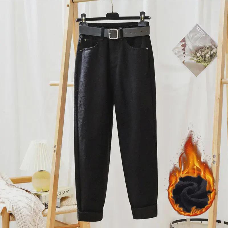 Dámské teplé sametové mrkvové džíny s vysokým pasem - Volné, všestranné a módní kalhoty s rovnými nohavicemi