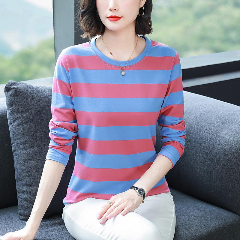 Middle-aged Mom Autumn Clothes Plus Size Loose Cotton Long Sleeve T-shirt Women's Autumn Clothes Wear Undershirts with Striped Tops