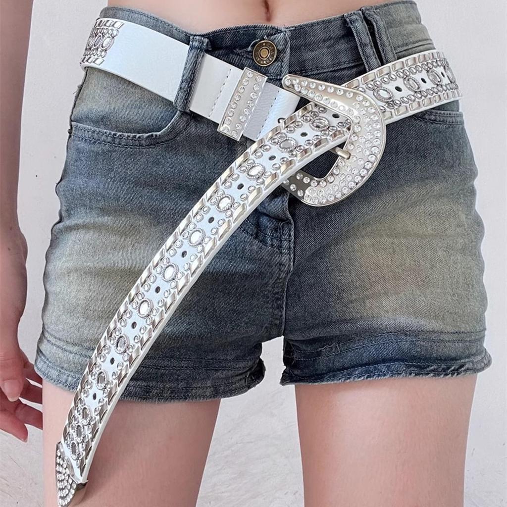Studded Bling Bling Rhinestone Western [Lamerry] Belt, Belt, Belt, Belt, Y2K, Sequins, Glitter, 105cm, Women's/Men's (White)