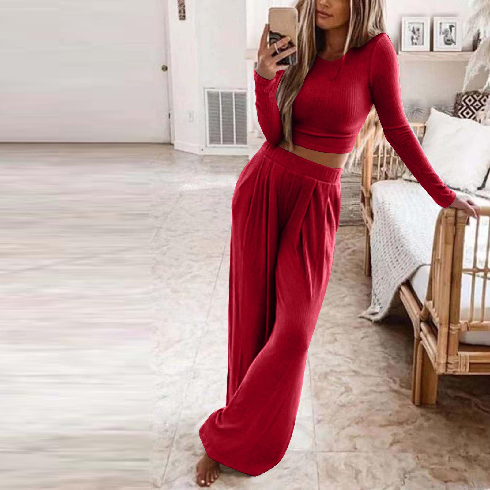 

2025 Autumn/Winter European & American Women s Solid Knit Casual Home Two-Piece Set Double Extra Large червоний