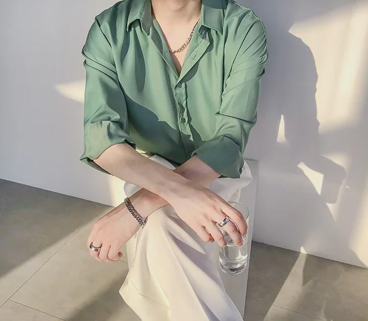 Retro Drapierung Grün & Weiß Eisseide Langarmhemd - Unisex, Koreanischer Stil, Lockere Passform