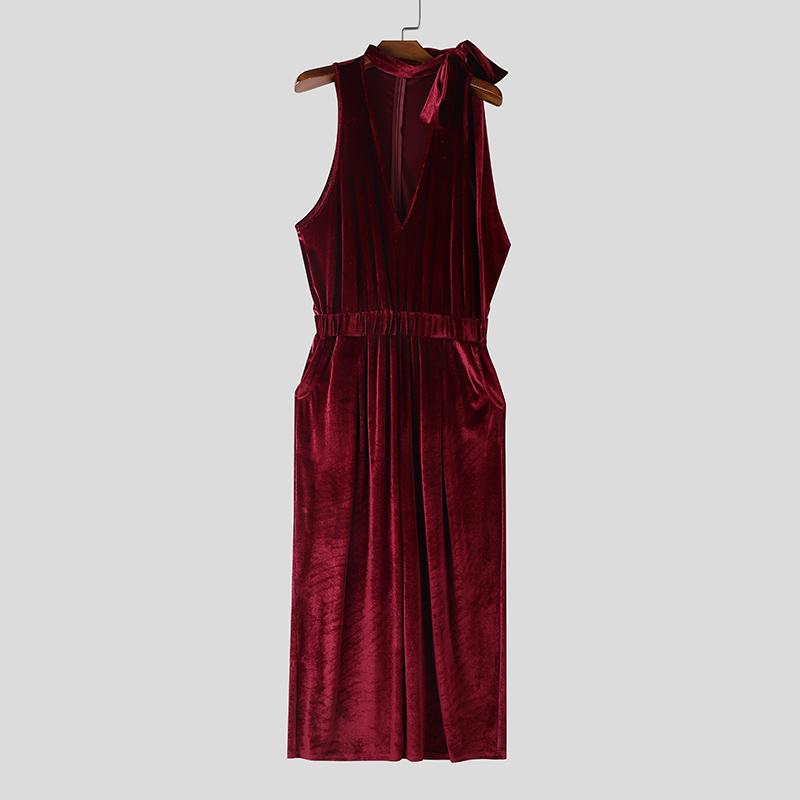 INCERUN Men Lacing Neck Sleeveless Solid Velvet Party Long Rompers Jumpsuits