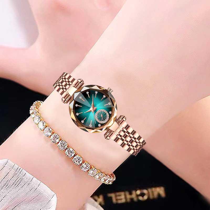 Elegant Ladies' Quartz Watch with Diamond Accents, Durable Glass, and Steel Band