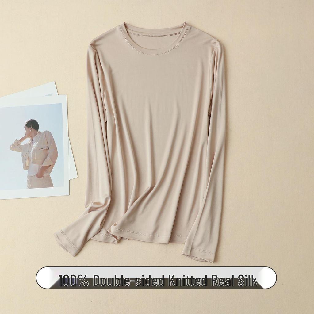 Women's Heavyweight Mulberry Silk Long Sleeve Top - Warm 160g, Small Round Neck, Perfect for Autumn/Winter