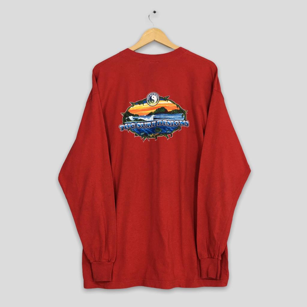 Vintage 90's T&C Surf Design Hawaiian Tshirt Large Hawaii Pipeline Aloha Da Hui Stay Ying And Yang Stoked Red Surfing Tees Size L