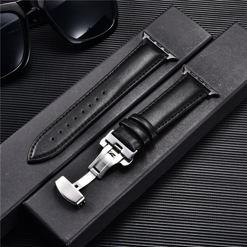 Leather Watchbands for Apple Watch 10 9 8 7 6 5 4 3 SE Ultra Butterfly Clasp Replace Wrist Strap 46mm 41mm 42mm 44mm 45mm Band for Iwatch