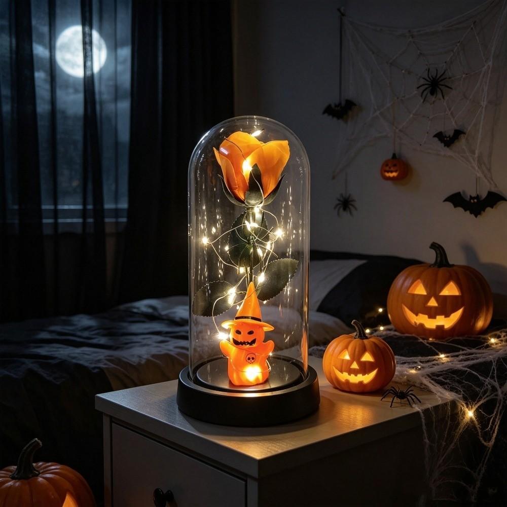Realistic Artificial Rose Night Light Glass Dome Rose Ghost Rose Ornament Halloween