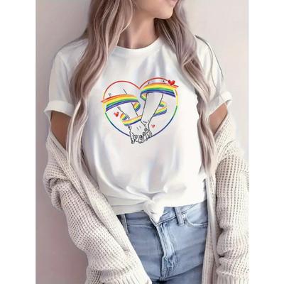Rainbow Love Hand-in-hand Pattern T-shirt Loose Short Sleeve Light Tide Friendly Wind Ladies Casual Shirt