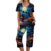 Women's Two Piece Halloween Print Lounge Set Short Sleeve Top with V Neck and Capri Pants Casual Sleepwear Pajama Set for Relaxed Fit