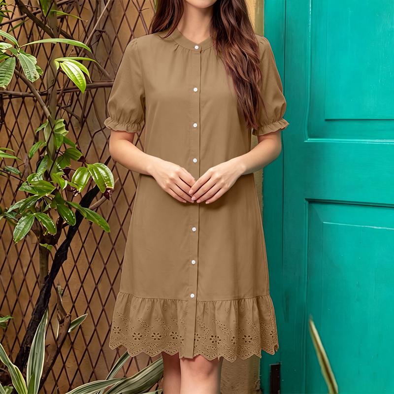 ZANZEA Women Daily Casual Round Neck Lace Crochet Splice Hem Loose Short Sleeve Dress
