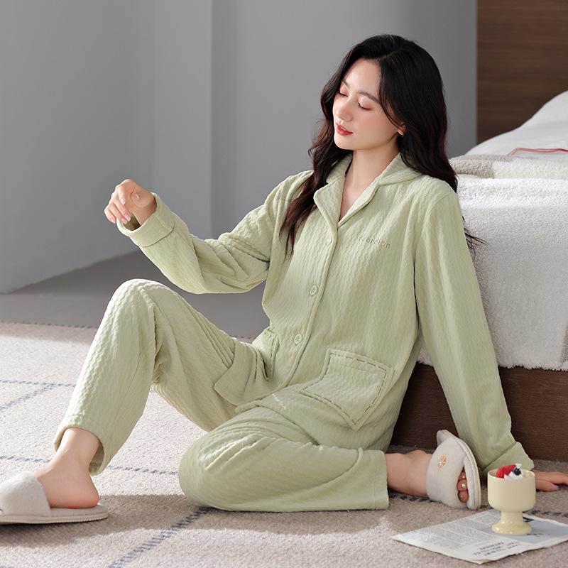 Pajamas Autumn And Winter Winter Island Fleece Long-Sleeved Coral Fleece Women'S Thin Fleece Thermal Loungewear Set