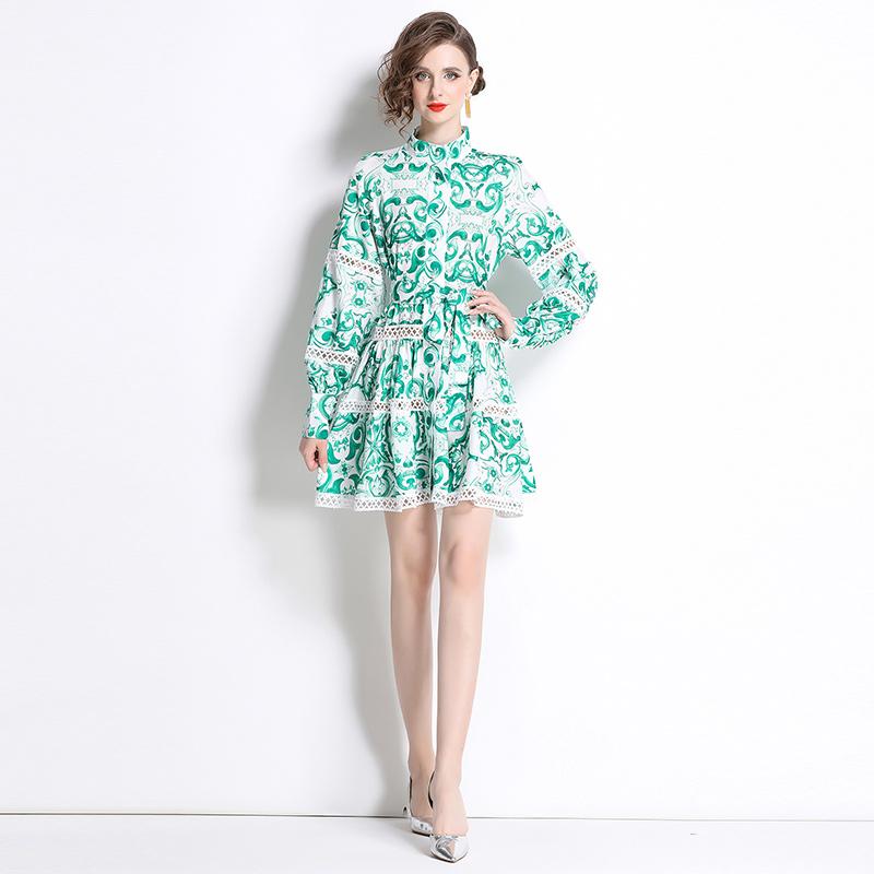 Jarní Podzimní Dámské Jednořadé Tištěné Vystřihované Krajkové Patchworkové Společenské Šaty