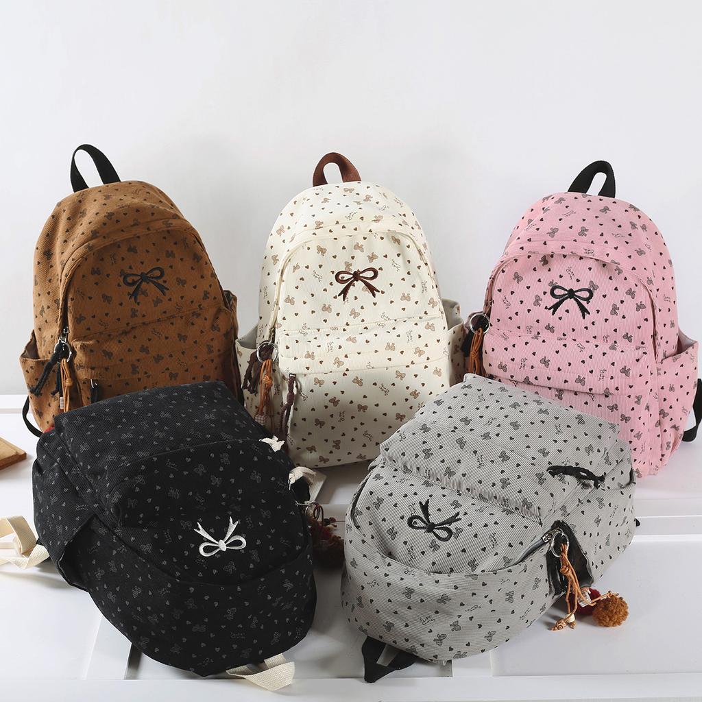 Schoolbag Velvet Backpack Women's High-value Bow Middle School Student Backpack Korean Corduroy Commuting Light Schoolbag