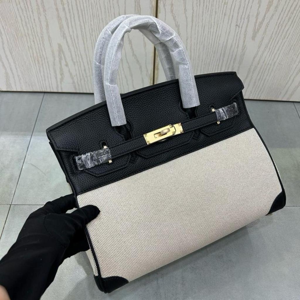 Erste Schicht aus Rindsleder mit Litschi-Muster mit Leinwand-Platin-Tasche 25-30CM (H02 Stoff BK)