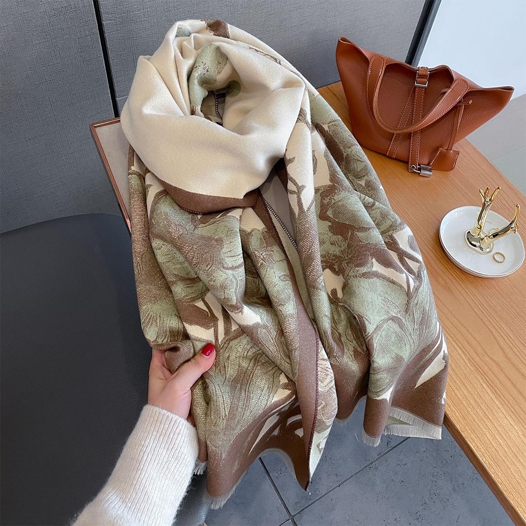 Luxury Warm Floral Scarf For Women 65*185cm Long Tassel Pashmina Shawl Faux Cashmere Warps Autumn Winter High Quality Blanket