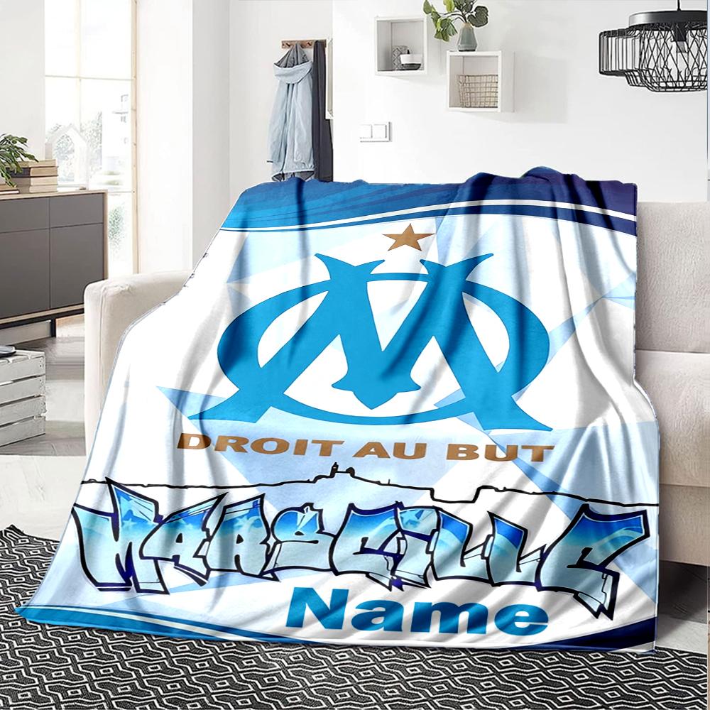 Custom Name Olympique de Marseille Theme Printed Blanket - Perfect for Couch, Bed, Travel & Outdoor Use | Machine Washable, Cozy & Durable.