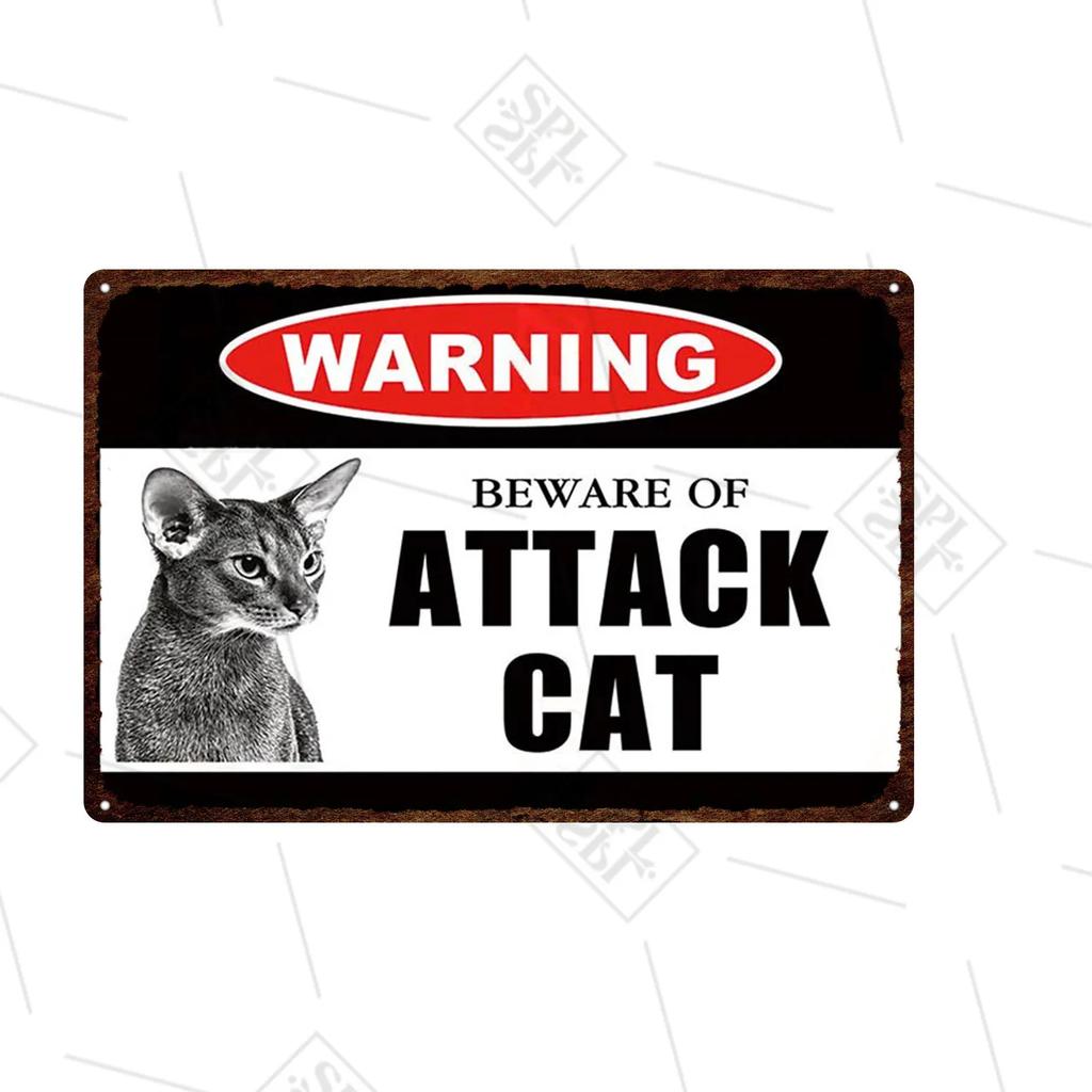 Pet Shop Warning Sign Beware of The Attack Cat Metal Sign Animals Tin Plate Pet Shop Wall Sticker Decoration Vintage Home Decor