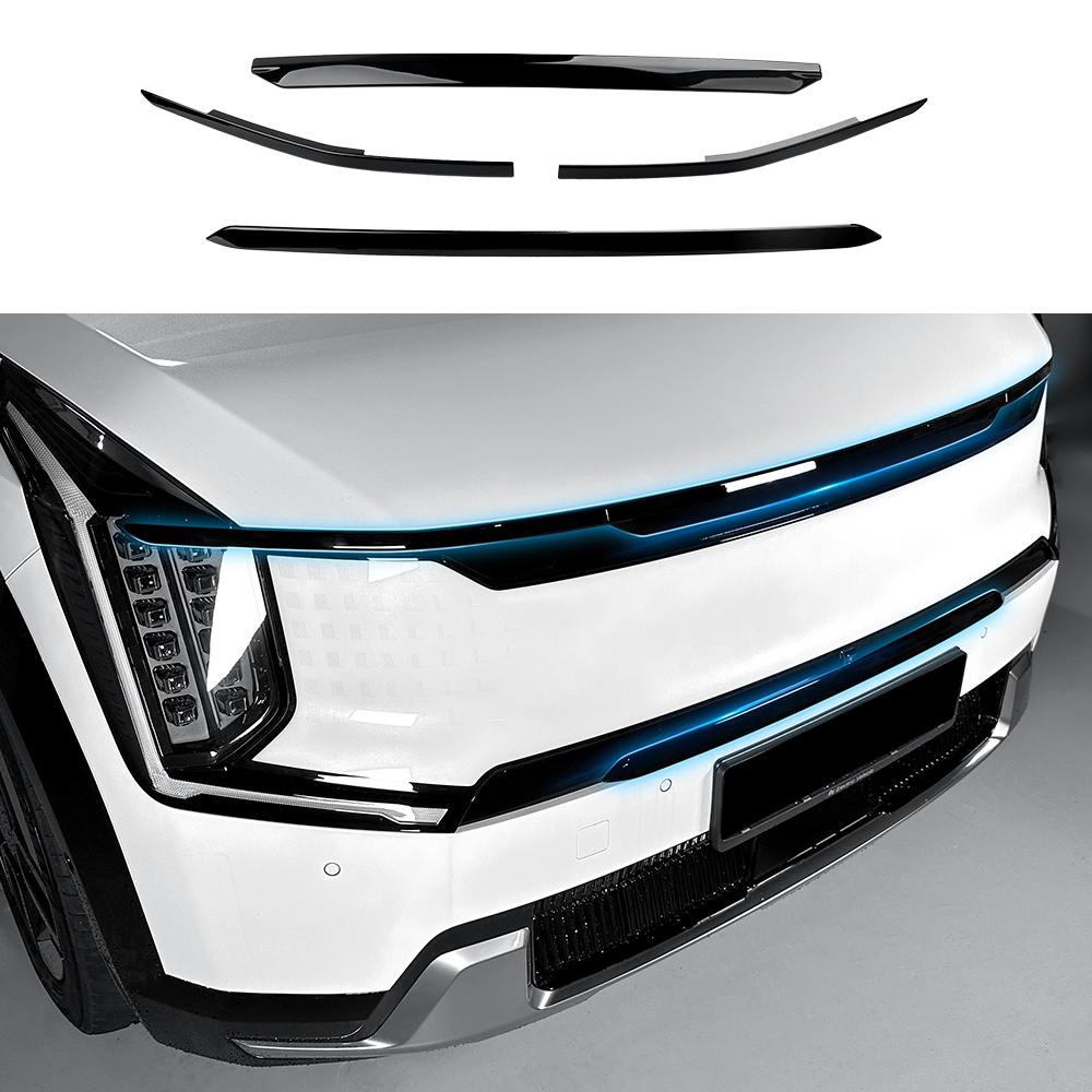 For Kia EV9 4 PCS Auto Carbon Fiber Piano Black Exterior Front Bumper Mesh Decorative Stripes Mouldings LHD RHD